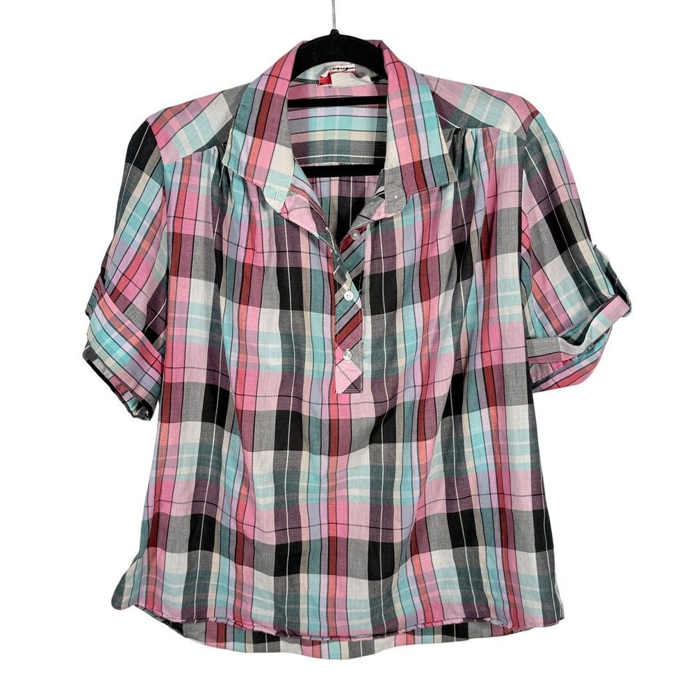 Vintage Shirt Accent Plaid Pink Short Sleeve Popover Top 18W‎ plus cottage Twee